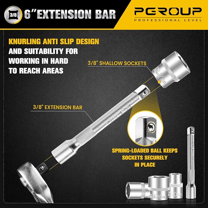 20PCS 3/8" Drive Metric Socket Wrench Set, 90-Tooth Reversible Ratchet Handle竊? Point Shallow Sockets (6-24mm) and Extension Bar 6", CR-V Steel, Tool Set For Car,Motorcycle,Bike Repair