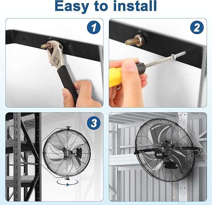 Xcity 20 Inch Metal Wall Mounted Fan, Max 5500 CFM High Velocity Industrial Wall Fan With 360째 Adjustable Tilt & 3 Speeds for Commercial, Garages, Workshops, Residential
