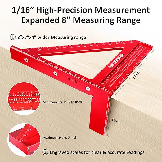 8 inch 3D Multi-Angle Measuring Square Ruler, WT103B High Precision Hole Scribing Woodworking Tools, 0-90째 Aluminum Alloy Carpenter Square Wood Working Tools, Carpenter Pencils 6 Refills.