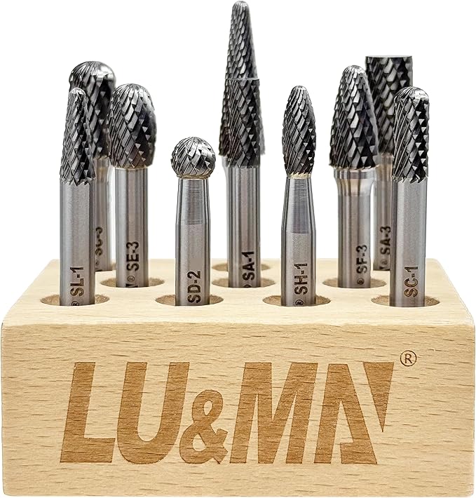 Premium-Grade Die Grinder Bits Tungsten Carbide Burr Set 1/4 Shank 10-PC Double Cut Rotary Cutting Burr Bits for Metalworking, Steel, Wood, Grinding, Carving, Engraving By LU&MN