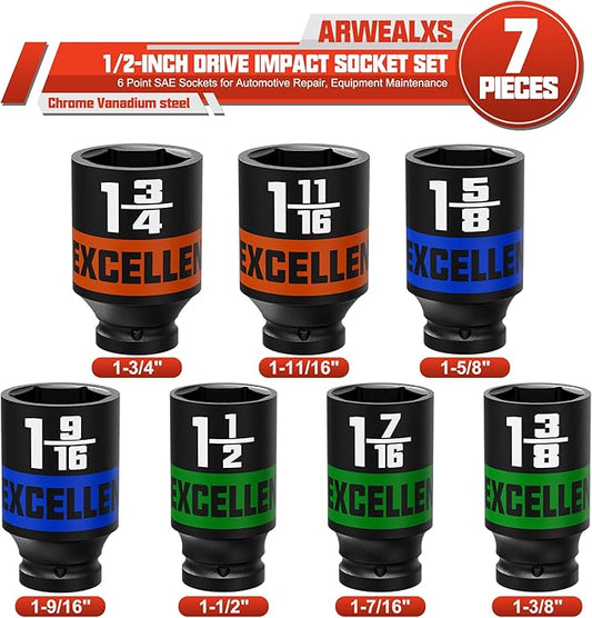 7 Pieces 1/2-Inch Drive Impact Socket Set, 1-3/8" to 1-3/4" Deep Socket, 6 Point SAE Sockets for Automotive Repair, Equipment Maintenance