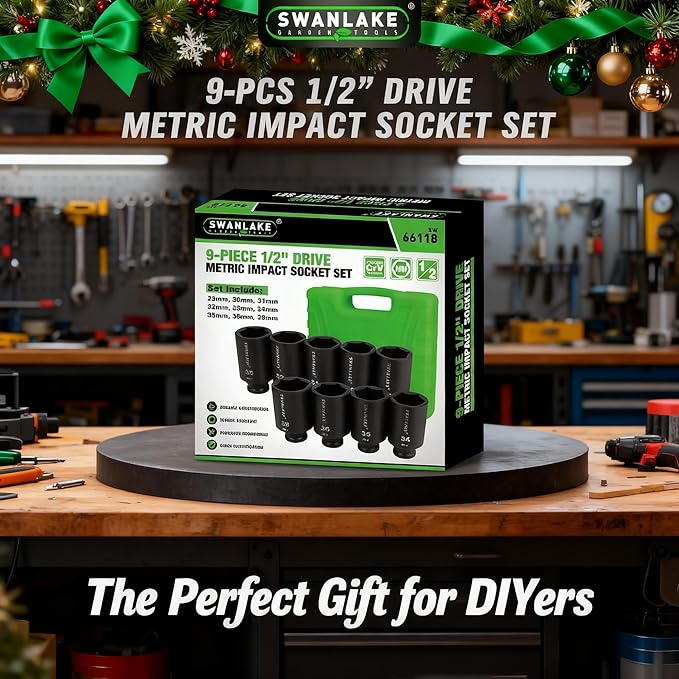 SWANLAKE 9PCS 1/2" Metric Impact Socket Set, Spindle Axle Nut Impact Socket,29mm-38mm,CR-V