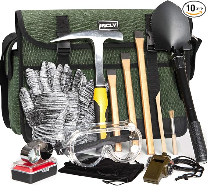 INCLY 15 PCS Geology Rock Pick Hammer Kit, 32oz Hammer & 3 PCS Digging Chisels Set for Rock Hounding, Gold Mining & Prospecting Equipment Tool Gear Shovel Musette Bag, Compass, Whistle, Wooden Chisel