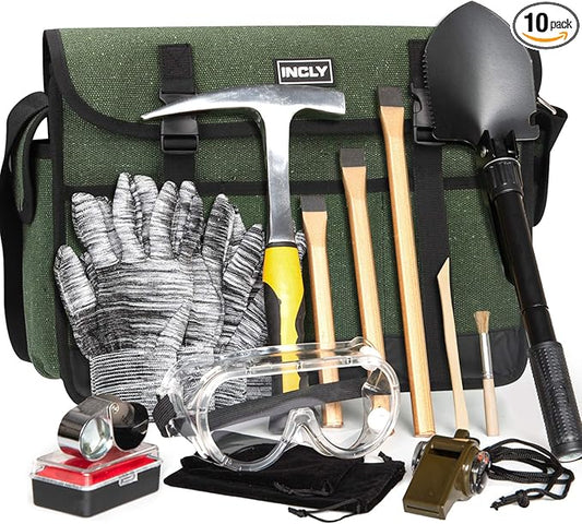 INCLY 15 PCS Geology Rock Pick Hammer Kit, 32oz Hammer & 3 PCS Digging Chisels Set for Rock Hounding, Gold Mining & Prospecting Equipment Tool Gear Shovel Musette Bag, Compass, Whistle, Wooden Chisel