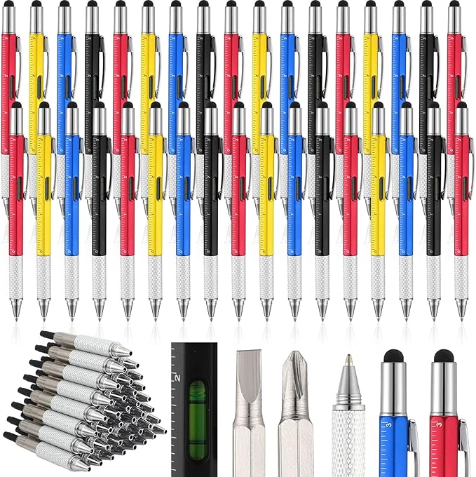 Yeaqee 40 Pcs Stocking Stuffers Bulk for Men 6 in 1 Screwdriver Multi Tool Pens with Refills Ruler Level Gauge for Party Favor Father's Christmas White Elephant Gifts (Novel Color)