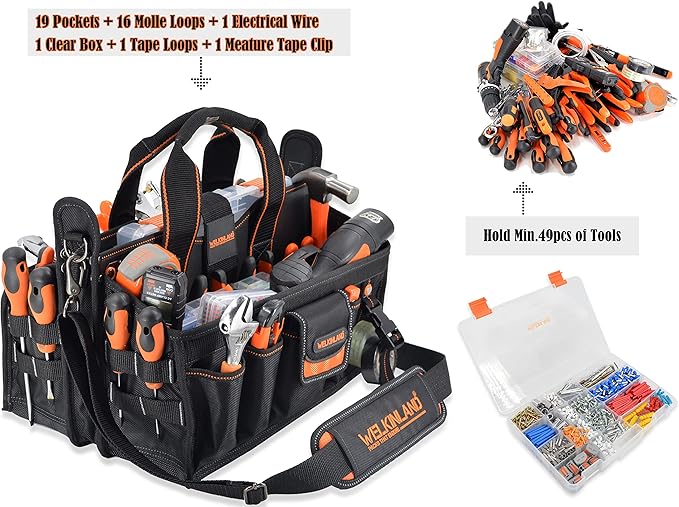 WELKINLAND 19-POCKETS Tool tote, HVAC tool bags organizer, Heavy-Duty electrician tools bag, Tool tote bag w/socket organizer tool boxes, Stay-Up maintenance tools bags