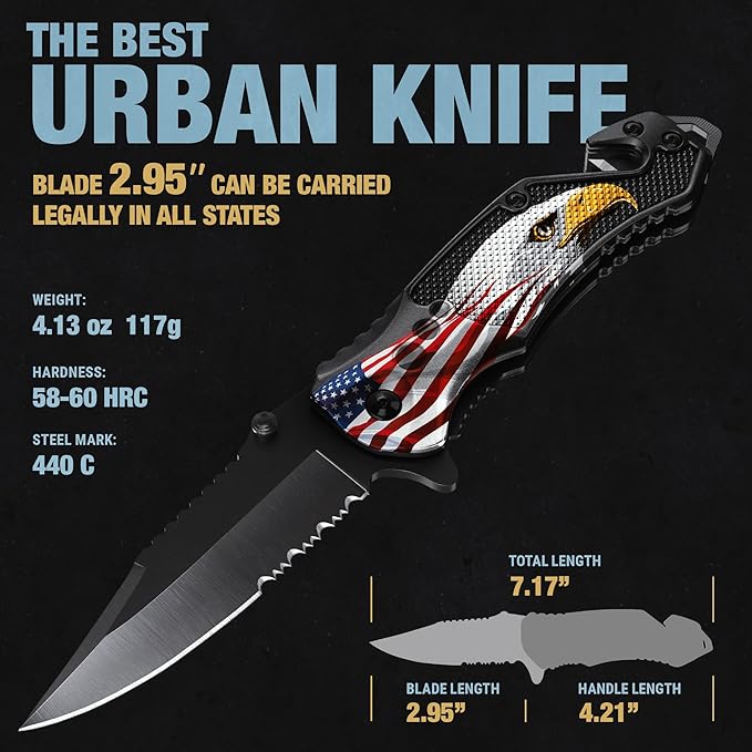 GOOD WORKER Legal Pocket Knife with 2.95??Serrated Blade, Glass Breaker, Seat Belt Cutter - EDC Sharp Folding Knives with Portable Clip - Small Tool for Tactical Camping Survival Hiking - Gifts for Men, Women