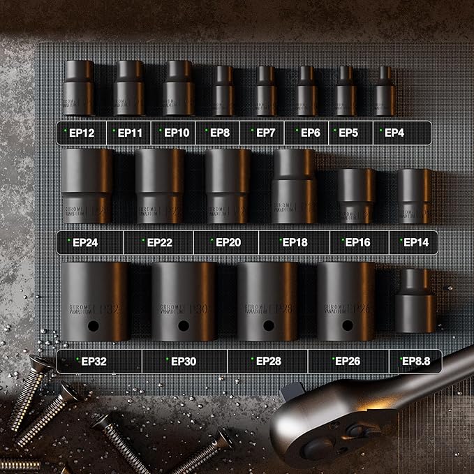 External Torx Plus 19pc Socket Set, 6 Point EP Socket with 1/2'' 3/8'' 1/4'' Drive EP4 EP5 EP6 EP7 EP8 EP10 EP11 EP12 EP14 EP16 EP18 EP20 EP22 EP24 EP26 EP28 EP30 EP32