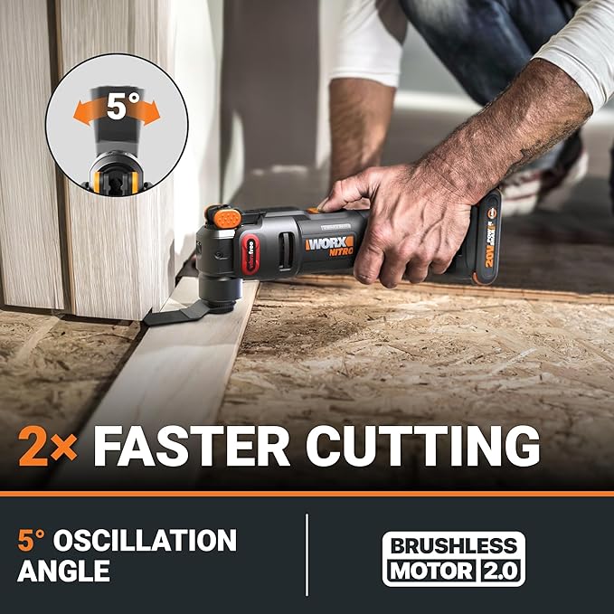 Worx Nitro 20V Cordless Oscillating Multi Tool with 5째 Oscillation Angle, VibraFree Technology, Slim-body Design, 2.0 Ah Battery and Charger Included, 23 Pieces Accessories with Carrying Bag, WX698L