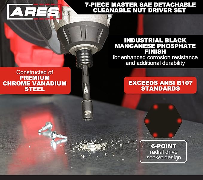 ARES 27086 ??Nut Driver Set ??SAE Magnetic 7-Piece ??Detachable and Cleanable ??Radial 6 Point Drive Sockets Load on Flats - Removable Socket Ends for Easy Cleaning ??Heavy Duty CR-V Steel