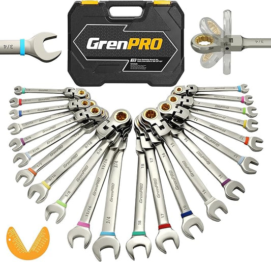 GRENPRO 23PCS Flex-Head Ratcheting Wrench Set, Combination Ratchet Wrenches Set Metric and Standard & SAE with Organizer Box, 6-18mm & 1/4" to 3/4" with Color Ring, Nickel Plating Socket Mechanic Tool