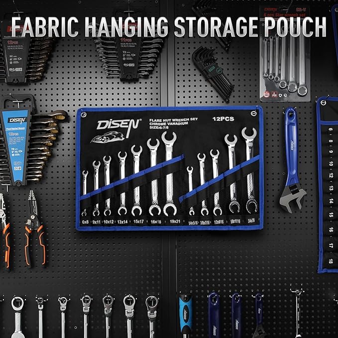 DISEN Flare Nut Wrench Set Metric and SAE 12-Piece Inch1/4 to 7/8" & 6-21mm, CR-V Steel Brake Line Wrench Set with Organizer Pouch,Father's Gift