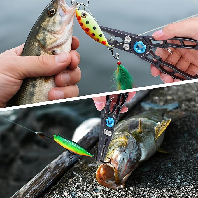 FLISSA 7.5 Inch Lightweight Fishing Pliers, Titanium 6Al-4V Jaw and Tungsten Carbide Line Cutters, Safety Lock Fish Pliers with Aluminum Handle, Sheath & Lanyard, Fishing Gear Gifts for Men