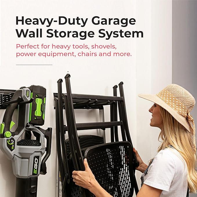 Heavy-Duty Garage Wall Storage System | Wall Mounted Tool Organizer Rack with Shelving | 10-Piece Mounting Kit | Includes 4x8.5??Adjustable Hooks & 2x16.5??Floating Utility Shelves