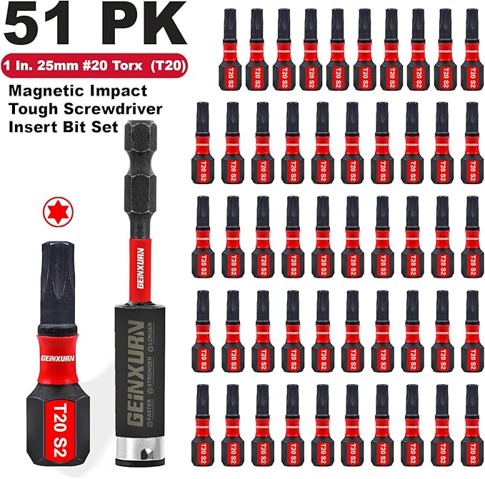 50 Pieces T20 1 In. Impact Tough Magnetic #20 Torx Head Power Bits, S2 Alloy Steel T20 Screwdriver Bits Set with 1Pcs Impact Bit Holder