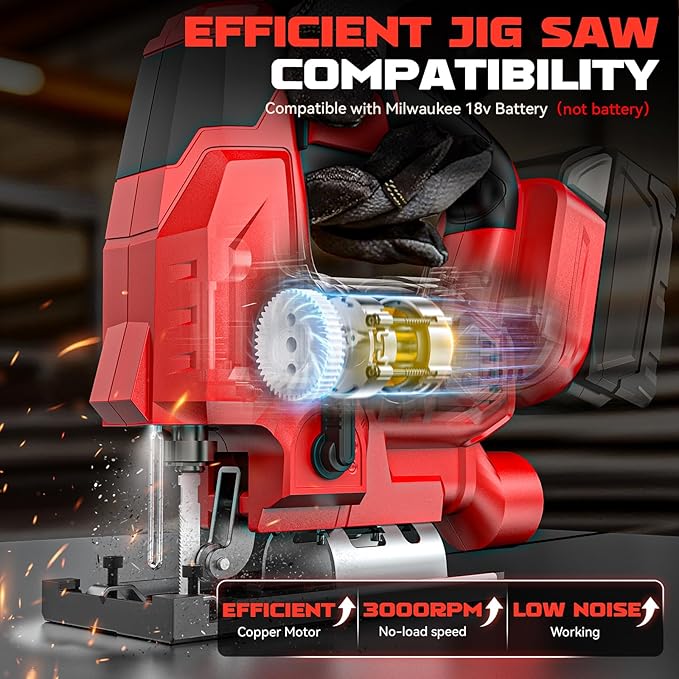 Ecarke Cordless Jig Saw Compatible With Milwaukee 18V Battery (Only Tool), 4 Orbital Sets, 6 Variable Speeds Control, Dust-Blowing, ±45° Bevel Cuts, LED Light and 6PCS Blades For Cutting
