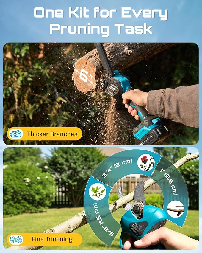 SEESII Mini Chainsaw & Electric Pruning Shears Combo, 6-inch Brushless Handheld Power Chain Saw, 1.2??Cutting Cordless Pruner for Tree Trimming, Tools Kit with 2x2000mAh Batteries, Fast Charger