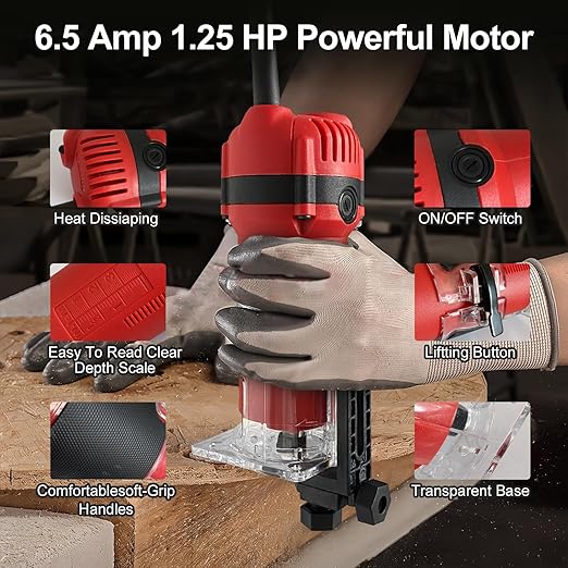 Router Tool 800W for Woodworking Tools Compact Edge Trimmer with 15 1/4" Router Bit Set 31000r/Min 110V,Tool Box Edge Guide, Roller Guide, Dust Hood