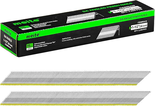 meite 15 Gauge Angled Finish Nails 1-1/2 Inch 34 Degree Nails for Pneumatic or Electric Finish Nailer, Galvanized No-Rust Finishing Nail for Cabinet Crown Baseboard Window Casing, DA Style 19,200 PCS