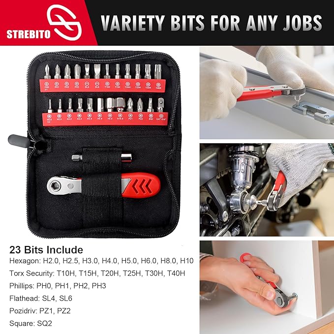 STREBITO Right Angle Screwdriver Set, Low Profile 26 Piece Small Ratchet, Stubby 90 Degree Ratcheting Screwdriver, Mini 1/4 Bit EDC Tool for Tight Spaces, Bike