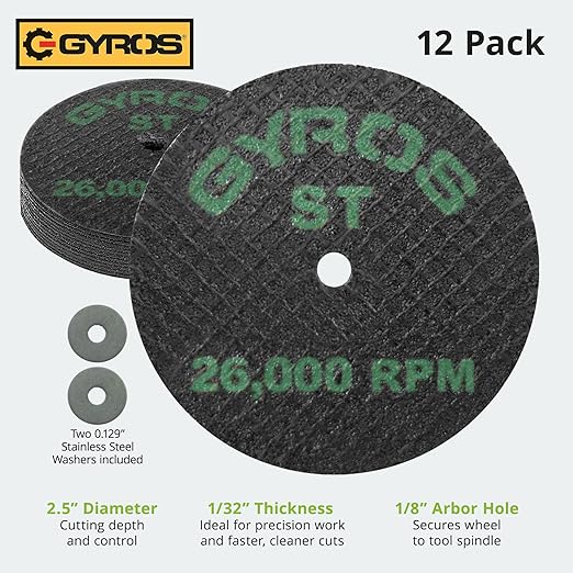 GYROS Cut-Off Wheels for Rotary Tools ??2.5??Super-Tensile Fiberglass Reinforced, 12-Pack | Cuts Stainless Steel, Titanium, Nickel, Carbon & Chrome Alloys | Made in USA 11-42502/12