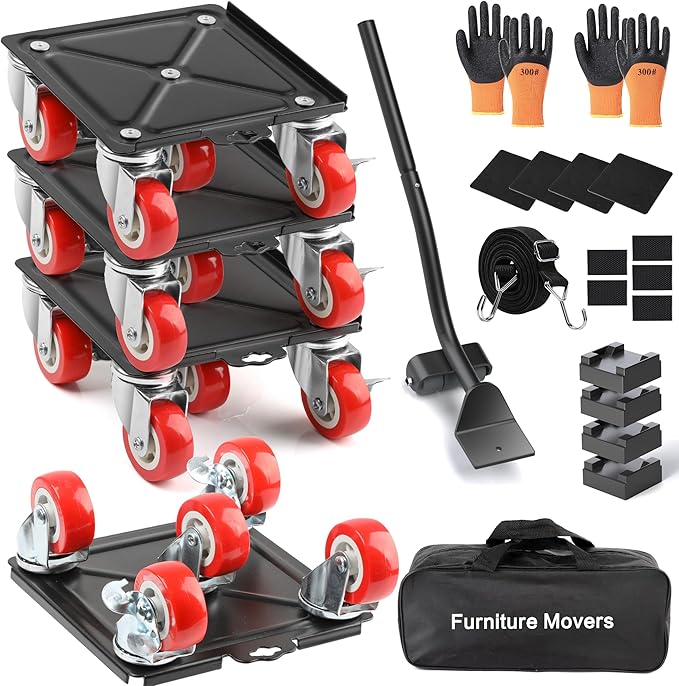 4 Packs Heavy Duty Furniture Dolly with 5 Wheels Rubber Silent Furniture Lift, 3300 lbs Load Capacity, Furniture Lift Tool Set Made of Premium Carbon Steel
