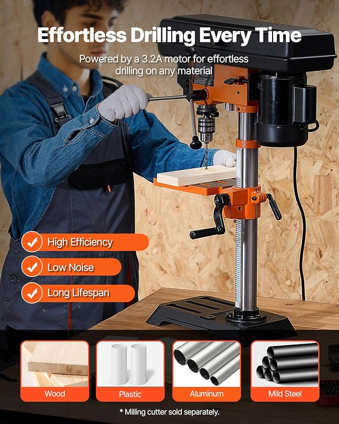 VEVOR Benchtop Drill Press, 3.2 Amp and 5-Speed Adjustable Drill Press with 10 in Swing, Cast Iron Frame, Worktable Tilts 0-45째, Ideal for Drilling Wood & Metal