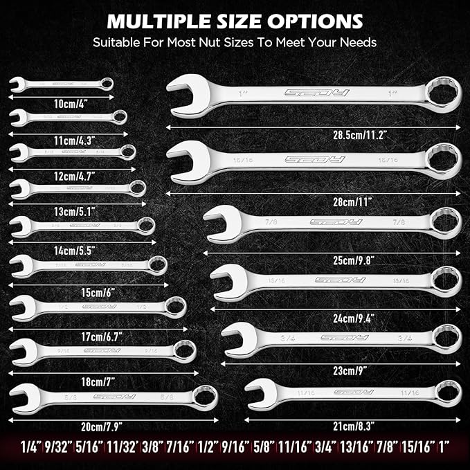 15-Piece SAE Combination Wrench Set, 1/4''??'' 12-Point Open End and Box End Wrench Kit with Organizer, Chrome Vanadium Steel Tools for Mechanics, Garages and Workshops