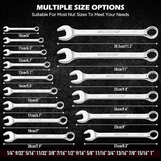 15-Piece SAE Combination Wrench Set, 1/4''??'' 12-Point Open End and Box End Wrench Kit with Organizer, Chrome Vanadium Steel Tools for Mechanics, Garages and Workshops
