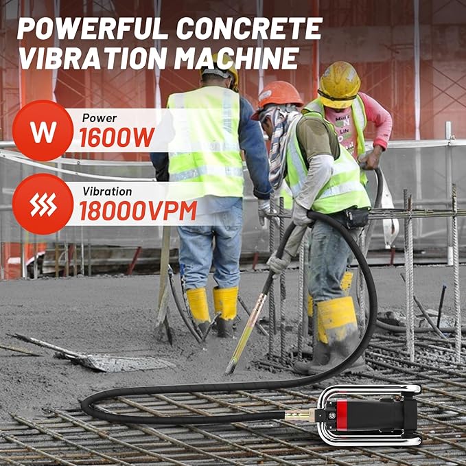 YJINGRUI Power Concrete Vibrators 1600W 16,000 RPM, Portable Electric Construction Vibrator with 4.5m (14-3/4ft) Flexible Shaft for Commercial Grade Bubble Removal