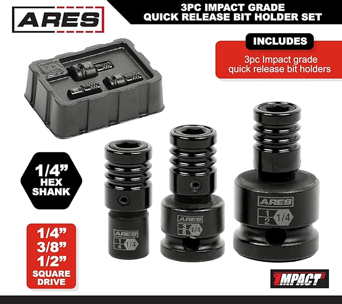 ARES 22035 ??3-Piece Impact Grade Quick Release Bit Holder Set ??1/4-Inch, 3/8-Inch, and 1/2-Inch Drive - Compatible With 1/4-Inch Hex Shank Bits - Quick Release Mechanism for Rapid Attach and Release