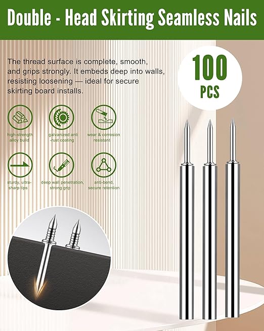 100PCS Double Headed Skirting Nails,Skirting Thread Seamless Nail,Double-Headed Nails, Non Marking Double Sided Nails,Invisible Screws with 1pcs Specific Sleeve Tool.