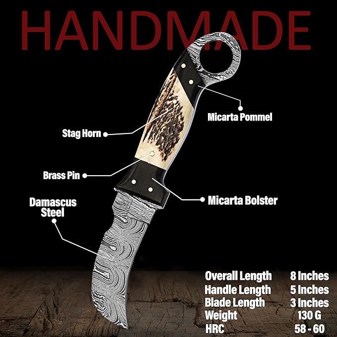 Handmade Damascus Steel,Deer Antler handle fixed blade knife with Leather sheath, Heavy Duty Utility Knife,Skinning knife for professional.