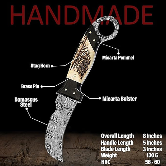 Handmade Damascus Steel,Deer Antler handle fixed blade knife with Leather sheath, Heavy Duty Utility Knife,Skinning knife for professional.