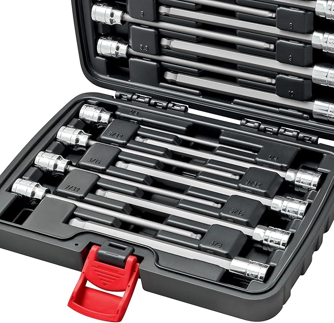 CARBYNE 18-Piece Extra Long Hex (Allen) Bit Socket Set, Ball End | SAE & Metric, S2 Steel Bits, CrV Sockets, Corrosion Resistance, Durable Storage Case | 1/8''-3/8'' SAE / 3mm-10mm Metric, 3/8" Dr.