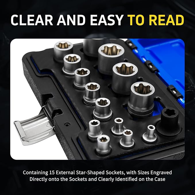 15pc External Torx Plus Socket Set Compatible with Tesla, 6 Point EP Sockets EP4, EP5, EP6, EP7, EP8, EP10, EP11, EP12, EP14, EP16, EP18, EP20, EP22, EP24 with 1/2'' 3/8'' 1/4'' Dr, 5 Point CR-V