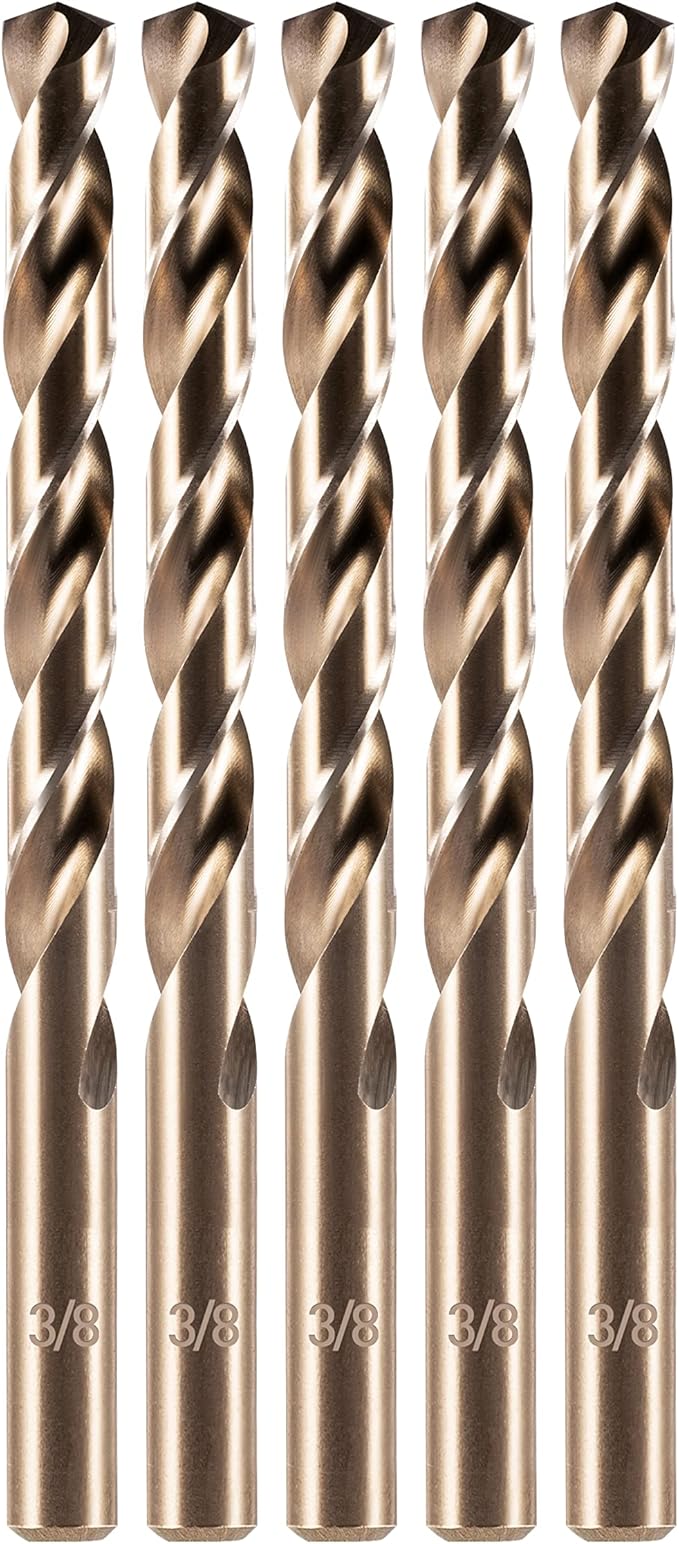 amoolo 3/8" Cobalt Drill Bit(5Pcs), M35 HSS Metal Drill Bit Set for Hard Metal, Stainless Steel, Cast Iron