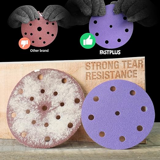 5 Inch 9 Hole Sanding Discs Purple Sanding Disc 80/120/150/180/220 Grit Ceramic Sanding Discs, Heavy-Duty Hook and Loop Film Discs Sandpaper for Random Orbital Sanders, 50 Pack