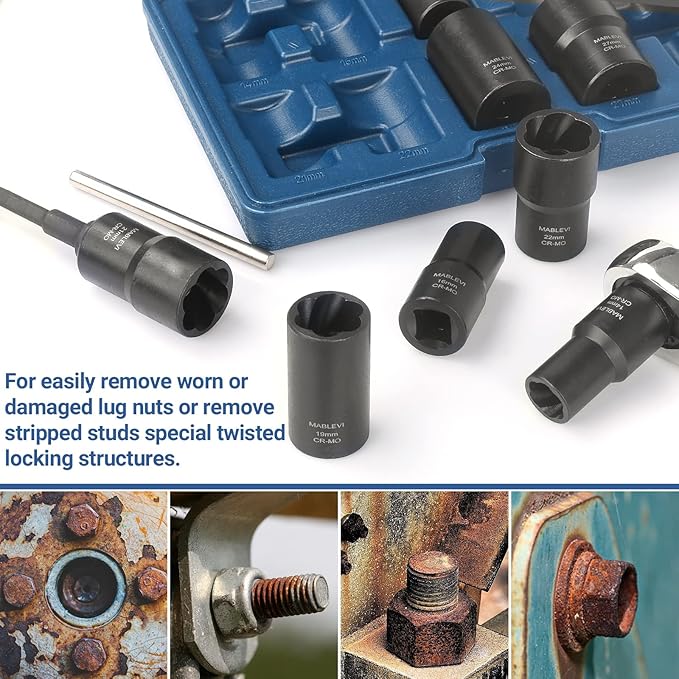MABLEVI 10 PCS Bolt Nut Extractor Set, 1/2" Drive Impact Lug Nut Remover Socket Tool with Center Punch Bar for Damaged, Frozen, Studs, Rusted, Rounded-Off Bolts, Nuts & Screws