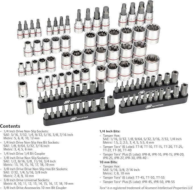 Ingersoll Rand 101 Pc. 1/4 & 3/8" Dr. Master Non-Slip Socket & Bit Set, Industrial Grade S2 Alloy Steel Bits W/ Mirror Polished CR-V Sockets, Premium Knurling and Heavy-Duty Portable Storage Case