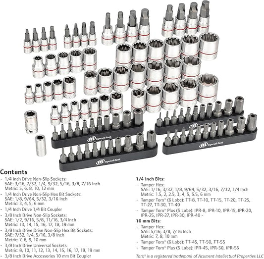 Ingersoll Rand 101 Pc. 1/4 & 3/8" Dr. Master Non-Slip Socket & Bit Set, Industrial Grade S2 Alloy Steel Bits W/ Mirror Polished CR-V Sockets, Premium Knurling and Heavy-Duty Portable Storage Case