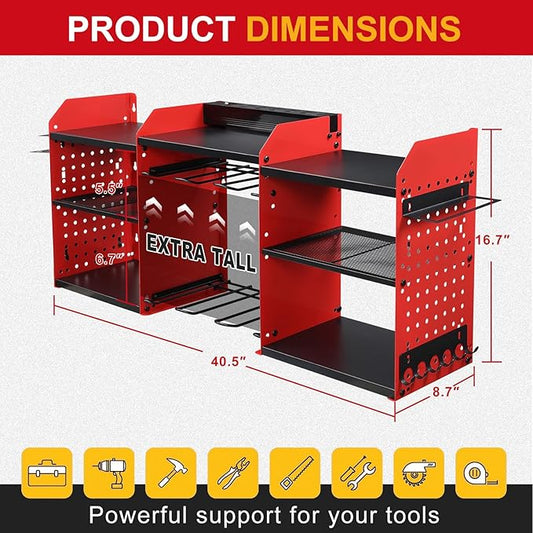 3 layers power tool organizer Loads 150lbs with 6 Cordless Drill Holder and 6 Outlet Power Strip,it’s good choice for husband birthday gift,red