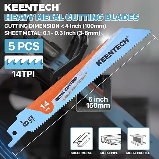 KEENTECH 6 Inch Bi-Metal Reciprocating Saw Blade 5-Pack for Clean Metal Cutting, 14 TPI, Fits Milwaukee Sawzall and Other Reciprocating Saws
