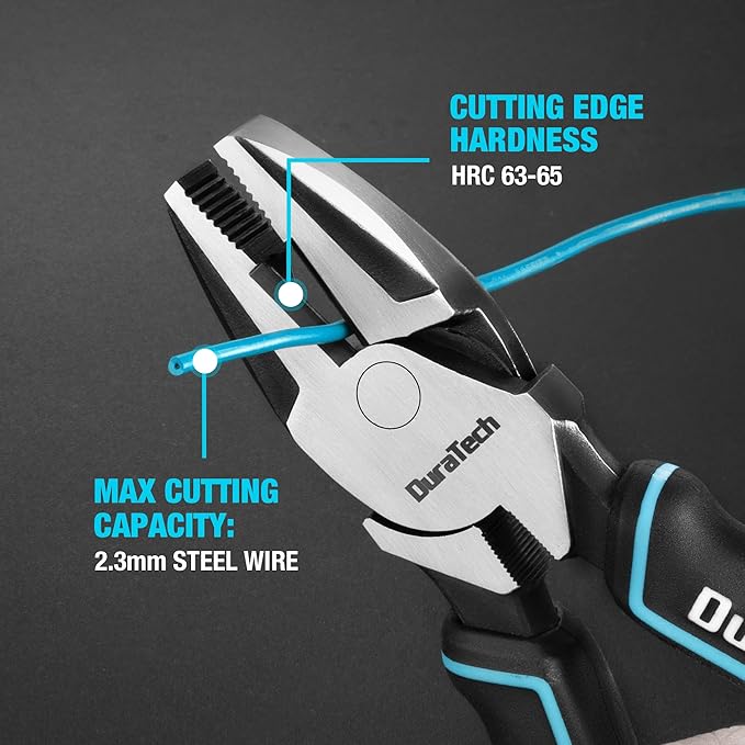 DURATECH 8" High Leverage Linemans Pliers, Cr-Ni Side Cutters, Linesman Pliers for Wire Cutting, Crimping