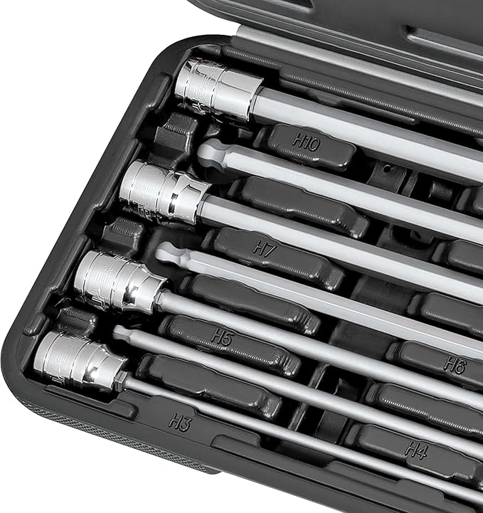 CARBYNE 7-Piece Metric Ball End Extra Long Hex (Allen) Bit Socket Set, 3mm - 10mm Sizes, 3/8 in. Drive, S2 Steel Bits, CrV Sockets ??From a Family-Run Tool Company Based in the U.S.A.