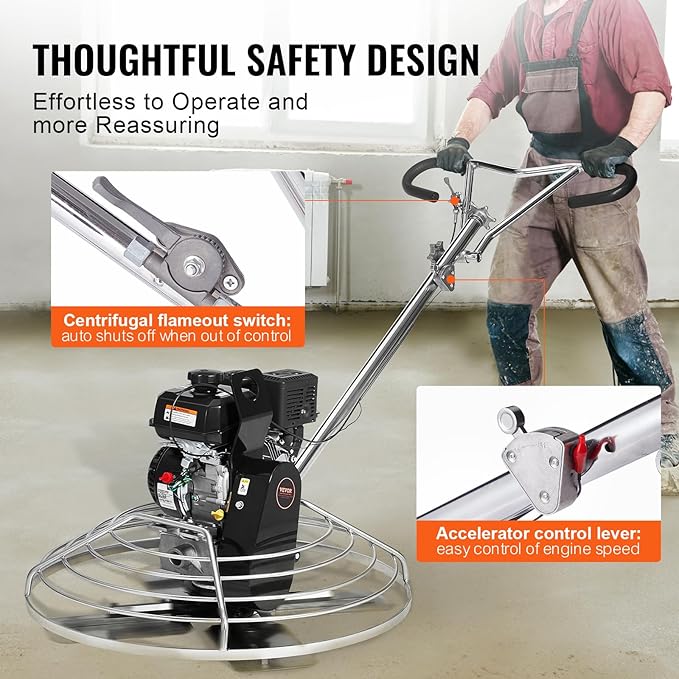 VEVOR Power Trowel, 38??Walk-Behind Cement Trowel with Float Pan, 6HP Gas-Powered Smooth Concrete Surface Finisher, Heavy Duty Commercial Screed Concrete Cement with Finishing Blade, Orange