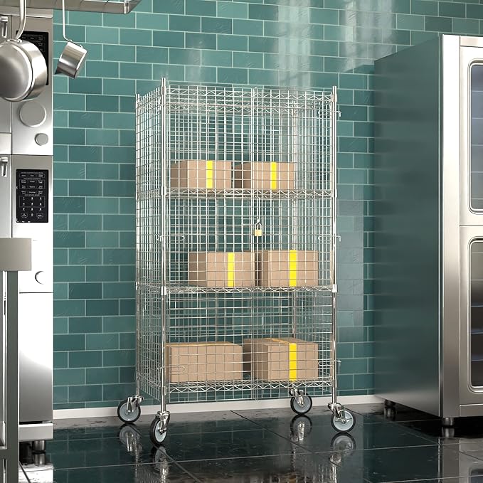 Commercial Grade NSF Listed Metal Wire Mesh Storage Chrome Mobile Security Cage Kit, 24" x 36" x 70", Perfect for Warehouse, Grocery Store, Restaurant, Dishroom