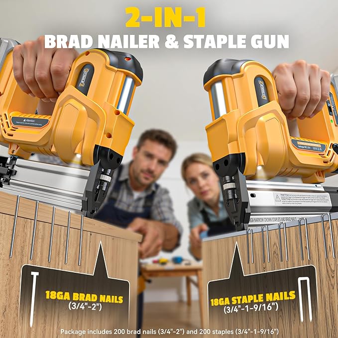 18GA Cordless 2" Brad Nailer Compatible with DeWalt 20V (Tool Only), 2-in-1 Nail & Staple Gun, Tool-Free Jam, Adjustable Depth, 2 Modes with 400 Nails/Staples for Woodworking,Trim,Carpentry