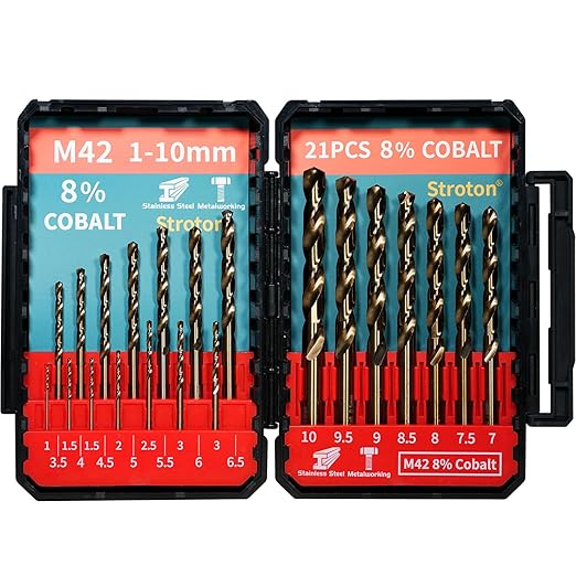 STROTON Metric M42 8% Cobalt Drill Bits Set for Stainless Steel and Hardened Steel (1-10mm (21PCS) M42)