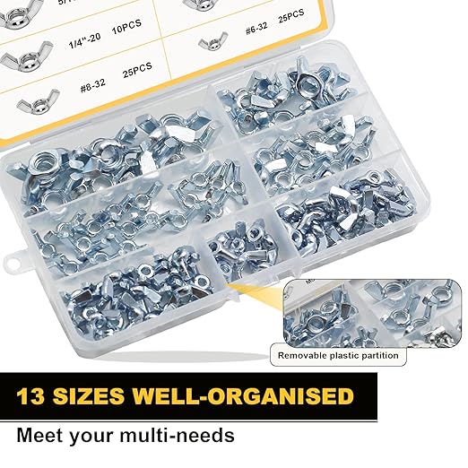 Siptenk Wing Nuts 200PCS, Metric & SAE Wingnuts 13 Assorted Sizes Carbon Steel Zinc Plated Butterfly Wing Nut M3-M12 6-32 to 3/8"-16 Fasteners Hardware Assortment Kit